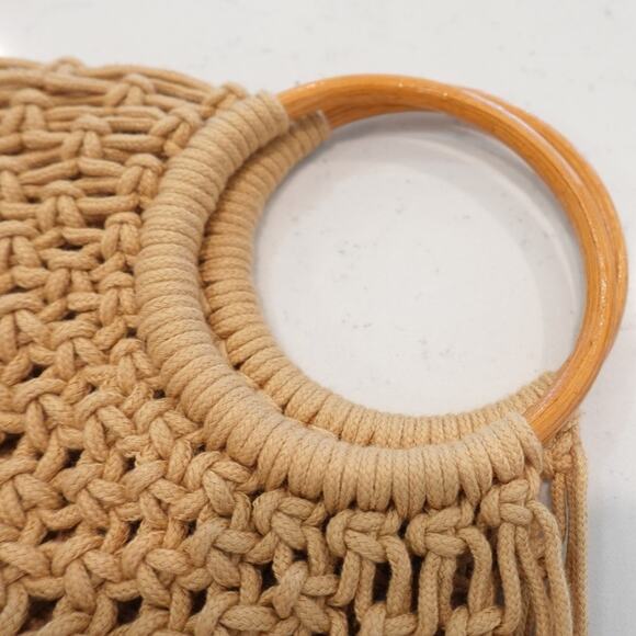 ZIPPER CLOSER TAN MACRAME RING CROSSBODY BOHO BAG - Picture 6 of 13